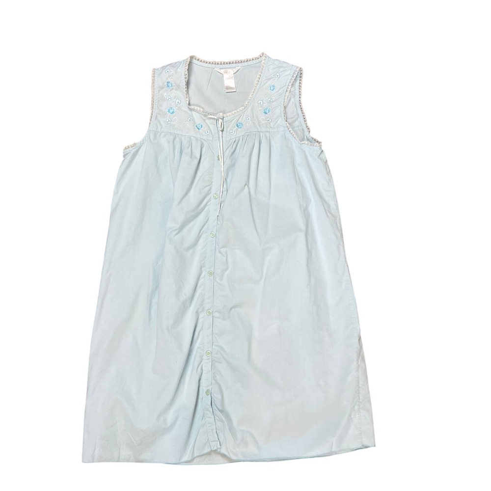 Secret Treasures Blue Cotton Floral Embroidered Button Front Nightgown Large